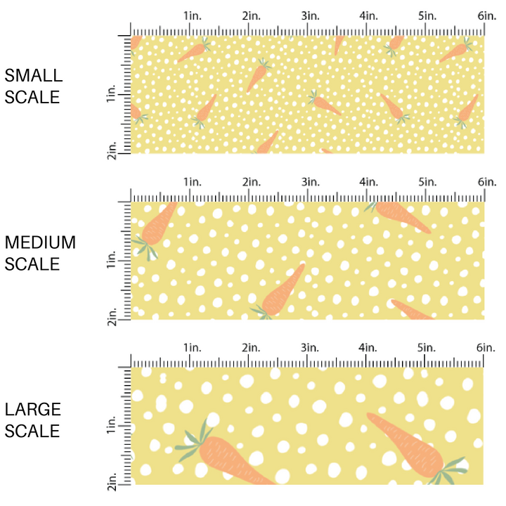 Scattered Orange Carrots and White Dot on Yellow Fabric by the Yard scaled image guide.