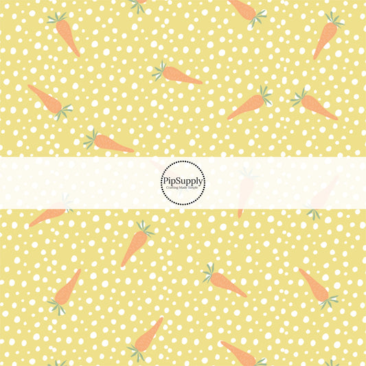 Scattered Orange Carrots and White Dot on Yellow Fabric by the Yard.