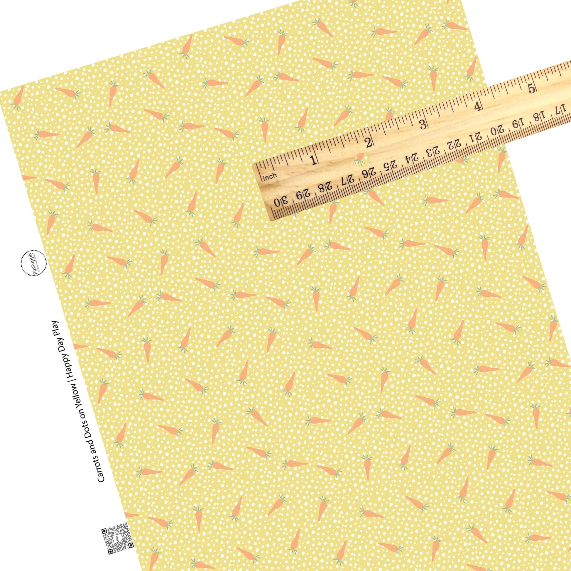 These spring pattern themed faux leather sheets contain the following design elements: tiny carrots surrounded by white dots on yellow. Our CPSIA compliant faux leather sheets or rolls can be used for all types of crafting projects.