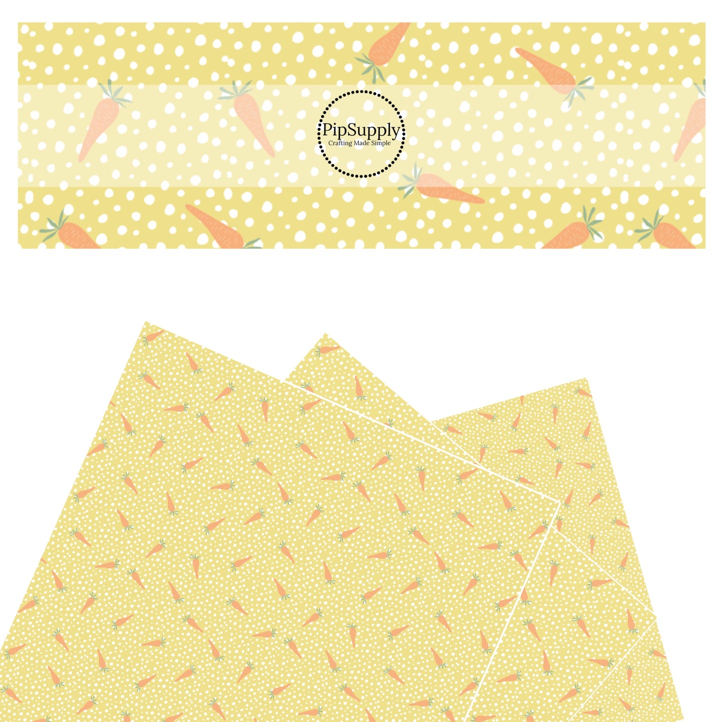 These spring pattern themed faux leather sheets contain the following design elements: tiny carrots surrounded by white dots on yellow. Our CPSIA compliant faux leather sheets or rolls can be used for all types of crafting projects.