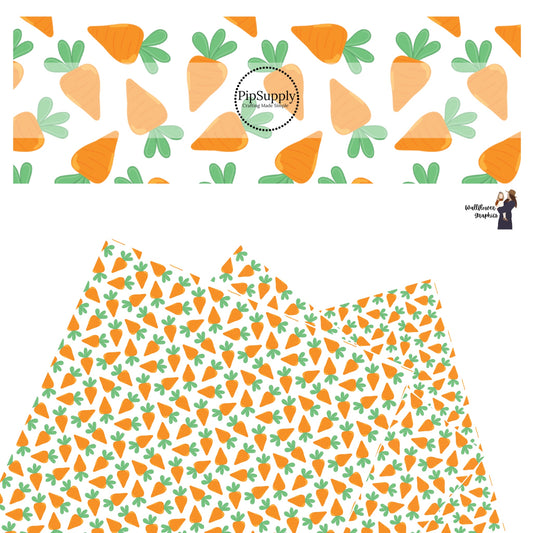 These spring pattern themed faux leather sheets contain the following design elements: cartoon carrots on white. Our CPSIA compliant faux leather sheets or rolls can be used for all types of crafting projects.