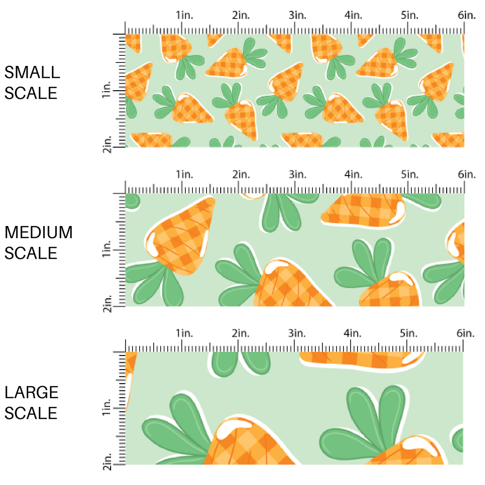 Scattered Orange Cartoon Carrots on Mint Green Fabric by the Yard Scaled Image Guide.