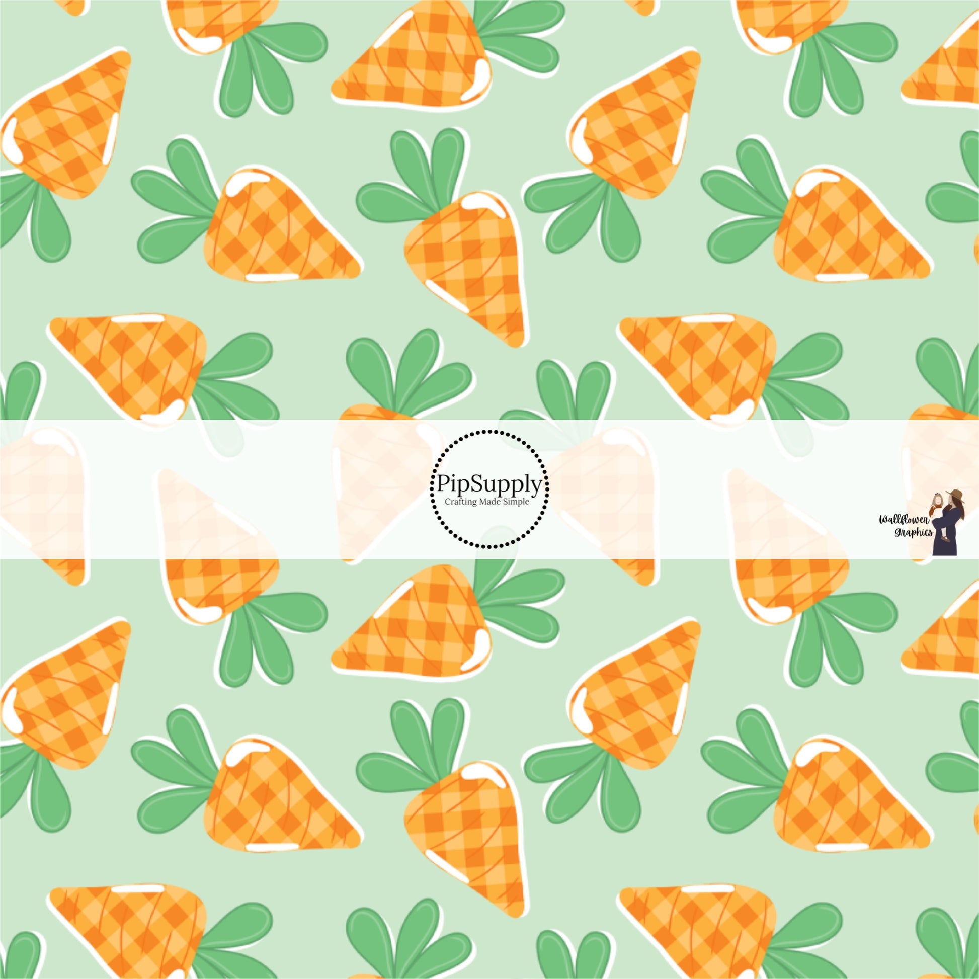 Scattered Orange Cartoon Carrots on Mint Green Fabric by the Yard.