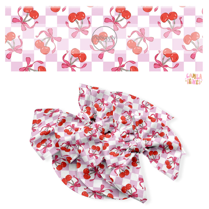 These holiday no sew bow strips can be easily tied and attached to a clip for a finished hair bow. These festive bow strips are great for personal use or to sell. These bow strips feature the following design elements: cherries and bows on white and lilac checkers.