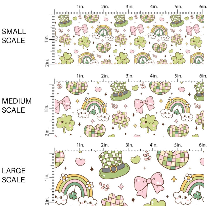 This spring themed fabric by the yard features St. Patrick pink and green cartoon pattern including rainbows, clovers, and bows. This fun pattern fabric can be used for all your sewing and crafting needs!