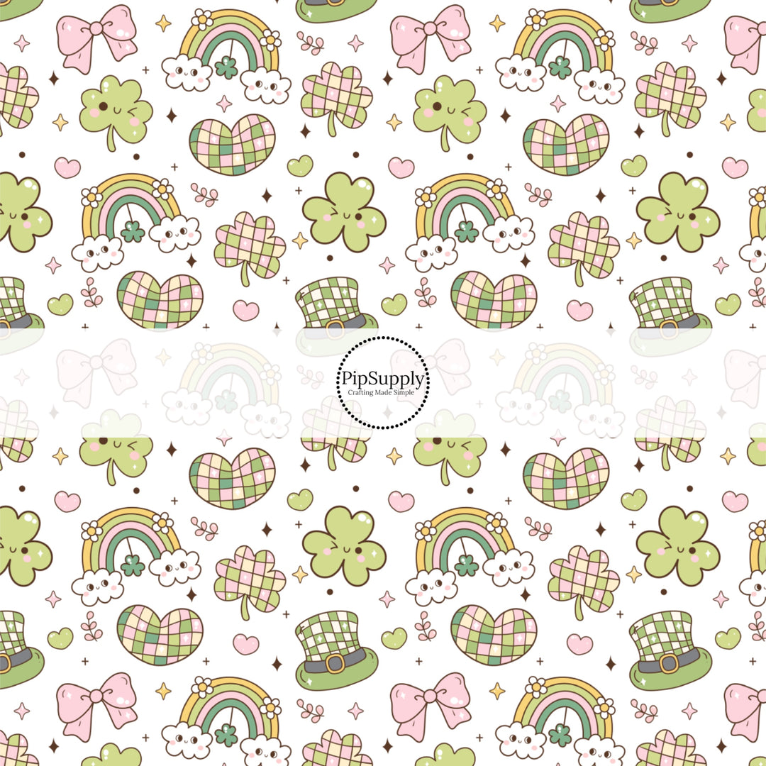 This spring themed fabric by the yard features St. Patrick pink and green cartoon pattern including rainbows, clovers, and bows. This fun pattern fabric can be used for all your sewing and crafting needs!