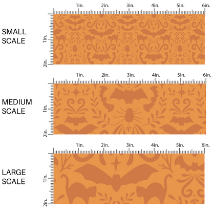 This scale chart of small scale, medium scale, and large scale of these Halloween themed orange fabric by the yard features Halloween themed pattern that includes bats and cats on orange. This fun spooky themed fabric can be used for all your sewing and crafting needs! 