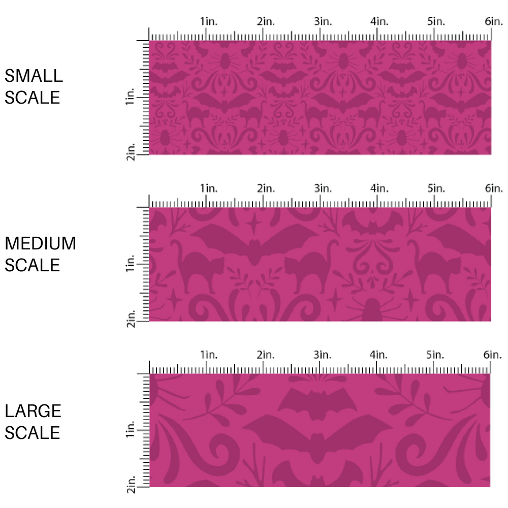 This scale chart of small scale, medium scale, and large scale of this Halloween fabric by the yard features a pattern of bats and cats on magenta. This fun spooky fabric can be used for all your sewing and crafting needs! 