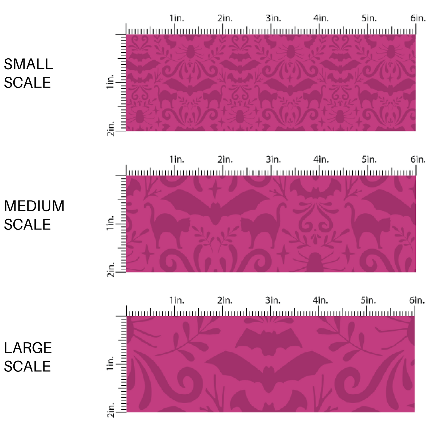 This scale chart of small scale, medium scale, and large scale of these Halloween themed magenta fabric by the yard features Halloween themed pattern that includes bats and cats on dark pink. This fun spooky themed fabric can be used for all your sewing and crafting needs! 