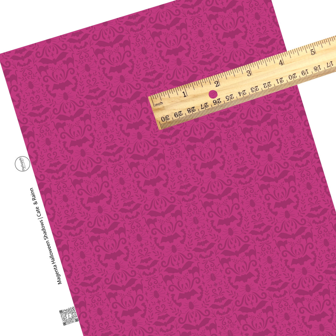 These Halloween themed magenta faux leather sheets contain the following design elements: Halloween themed pattern that includes bats and cats on dark pink. Our CPSIA compliant faux leather sheets or rolls can be used for all types of crafting projects.