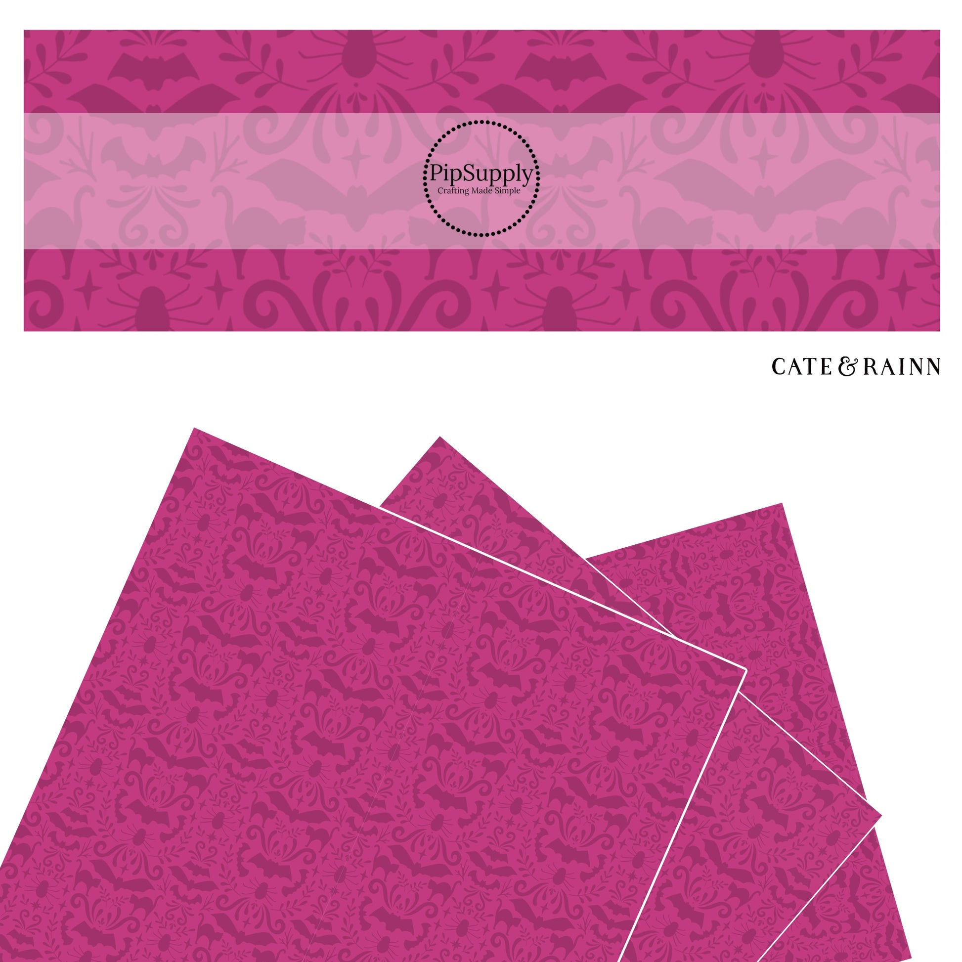 These Halloween themed magenta faux leather sheets contain the following design elements: Halloween themed pattern that includes bats and cats on dark pink. Our CPSIA compliant faux leather sheets or rolls can be used for all types of crafting projects.