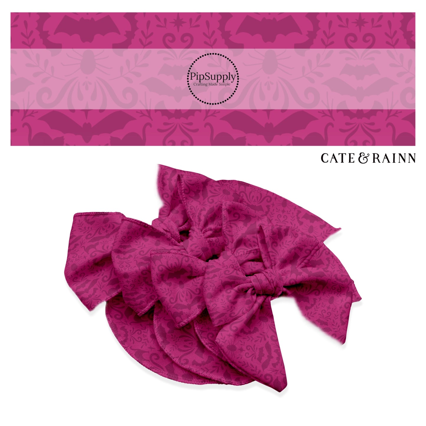 These Halloween themed magenta no sew bow strips can be easily tied and attached to a clip for a finished hair bow. These fun spooky bow strips are great for personal use or to sell. The bow stripes features Halloween themed pattern that includes bats and cats on dark pink.