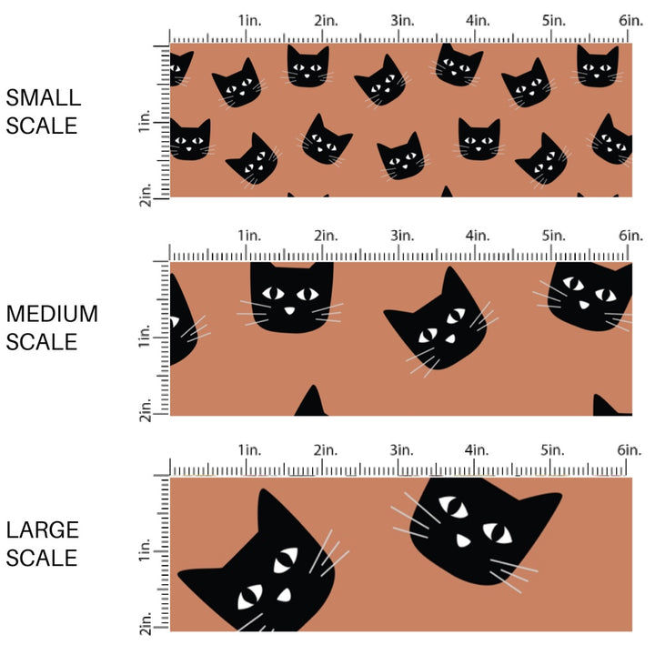 This scale chart of small scale, medium scale, and large scale of these Halloween themed pattern fabric by the yard features the following design elements: black cats on orange. This fun spooky themed fabric can be used for all your sewing and crafting needs!