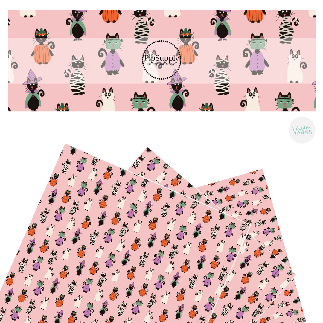 Halloween costumes on cats pink faux leather sheets