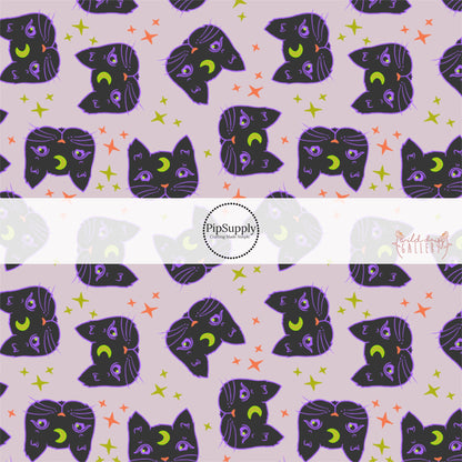 Scattered stars with black cats on lavender hair bow strips