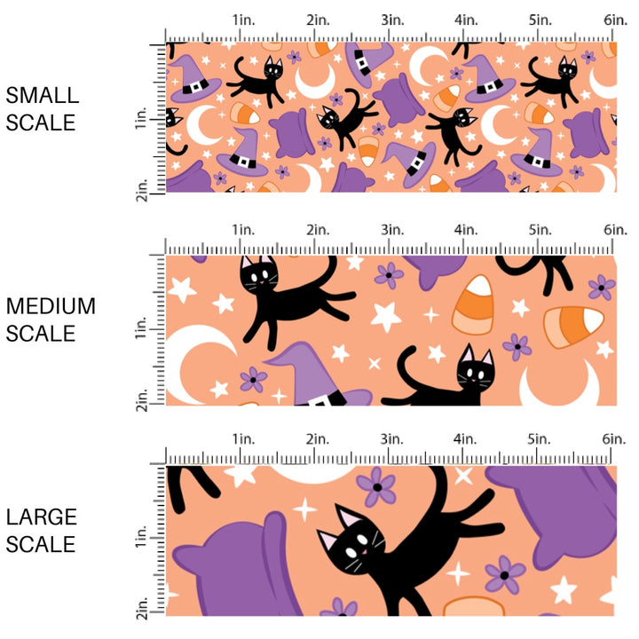 These Halloween themed pattern fabric by the yard features the following design elements: black cats, cauldrons, and witch hats on light orange. This fun spooky themed fabric can be used for all your sewing and crafting needs!