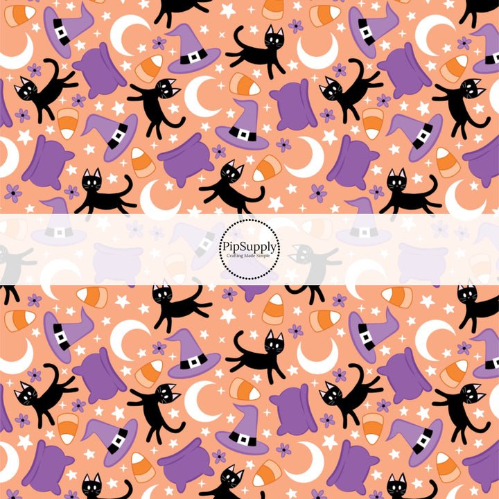 These Halloween themed pattern fabric by the yard features the following design elements: black cats, cauldrons, and witch hats on light orange. This fun spooky themed fabric can be used for all your sewing and crafting needs!