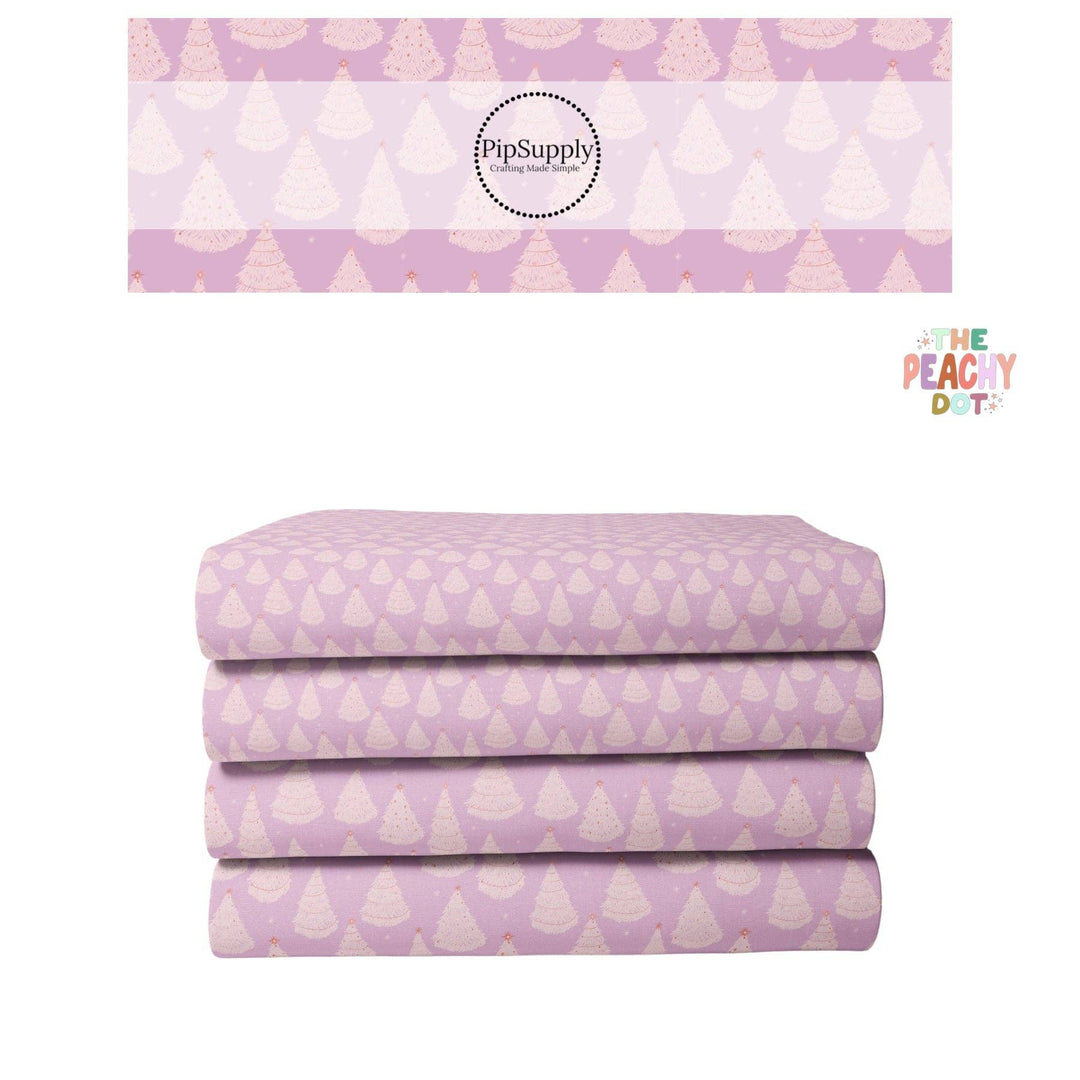 Christmas Fabric By The Yard | Festive Trees on Lavender | Pastel Snowy Forest