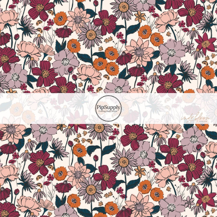 Autumnal Floral Fields on Cream Fabric By The Yard