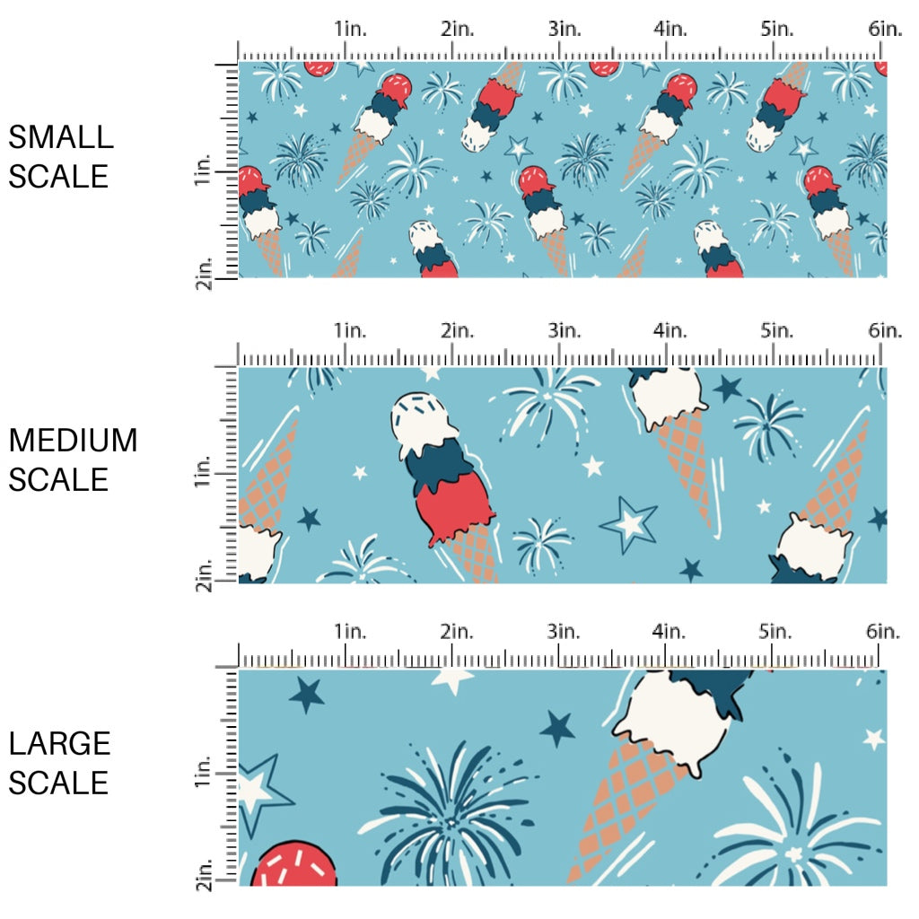 This scale chart of small scale, medium scale, and large scale of this 4th of July fabric by the yard features patriotic ice cream and fireworks. This fun patriotic themed fabric can be used for all your sewing and crafting needs!