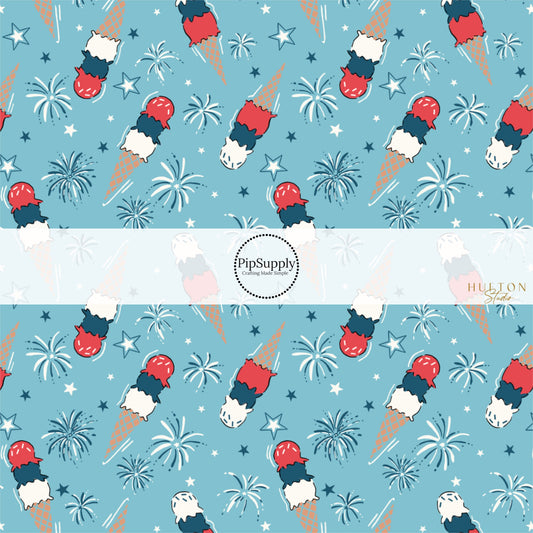 This 4th of July fabric by the yard features patriotic ice cream and fireworks. This fun patriotic themed fabric can be used for all your sewing and crafting needs!