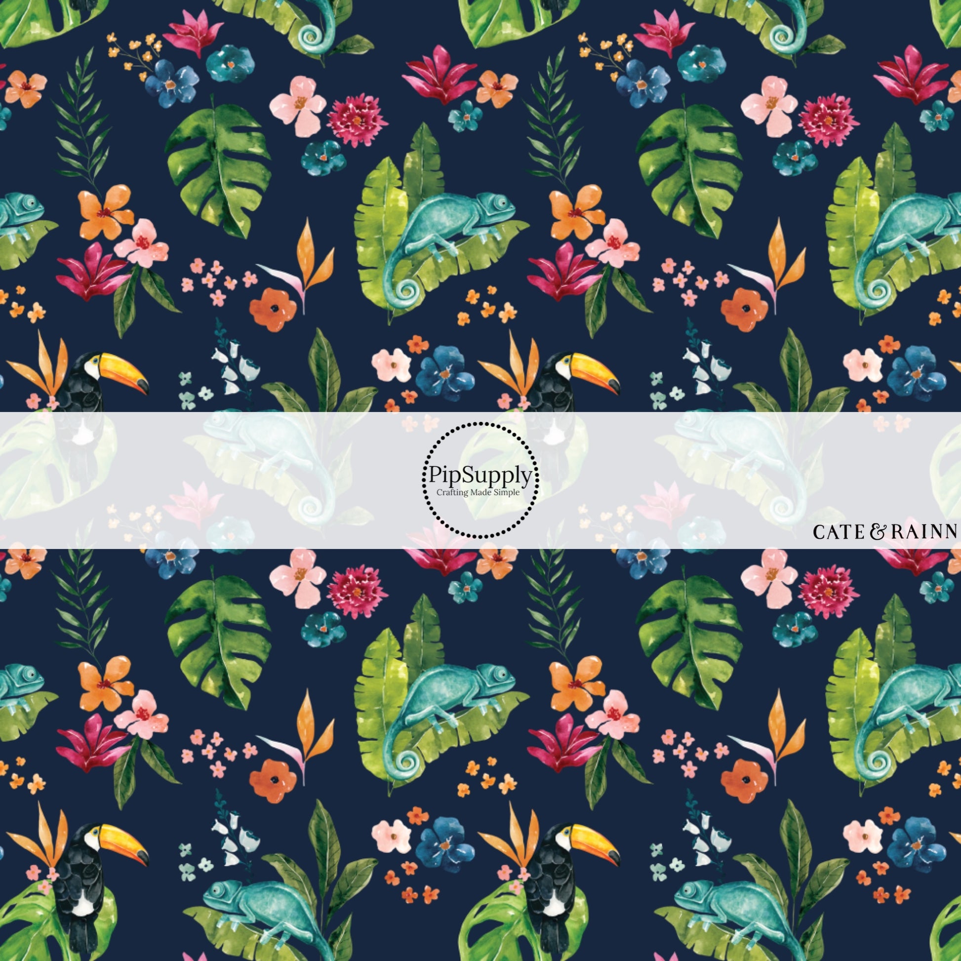 These jungle pattern fabric by the yard features tropical jungle chameleon foliage. This fun fabric can be used for all your sewing and crafting needs!