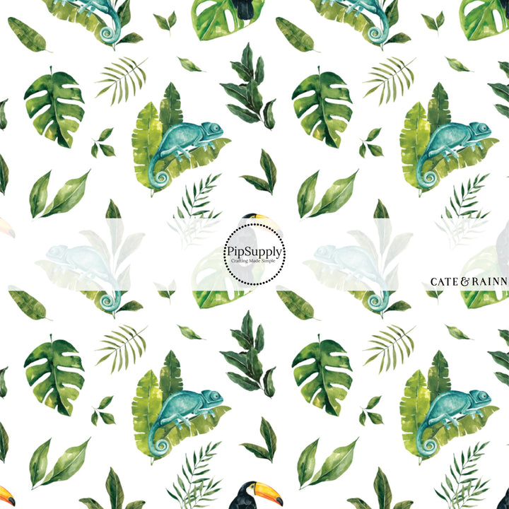 These jungle pattern fabric by the yard features tropical jungle chameleon foliage. This fun fabric can be used for all your sewing and crafting needs!