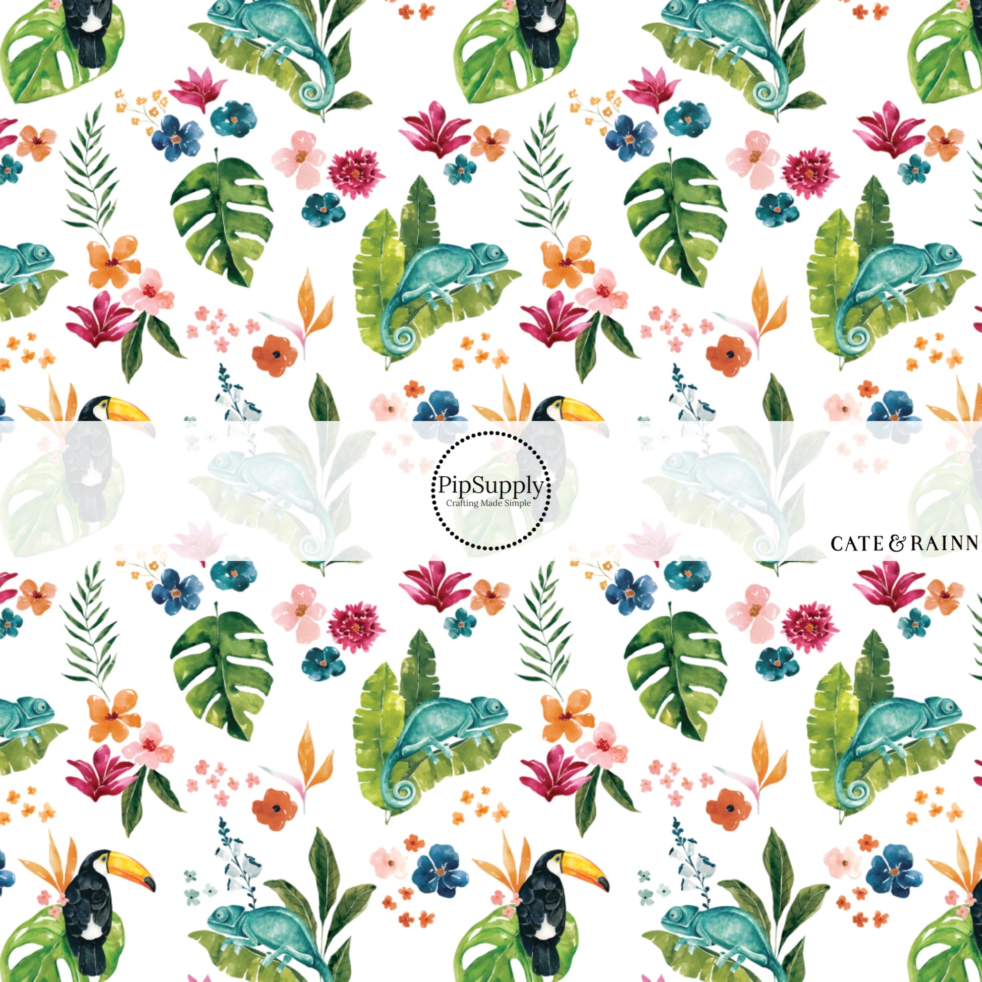 These jungle pattern fabric by the yard features tropical jungle chameleon foliage. This fun fabric can be used for all your sewing and crafting needs!