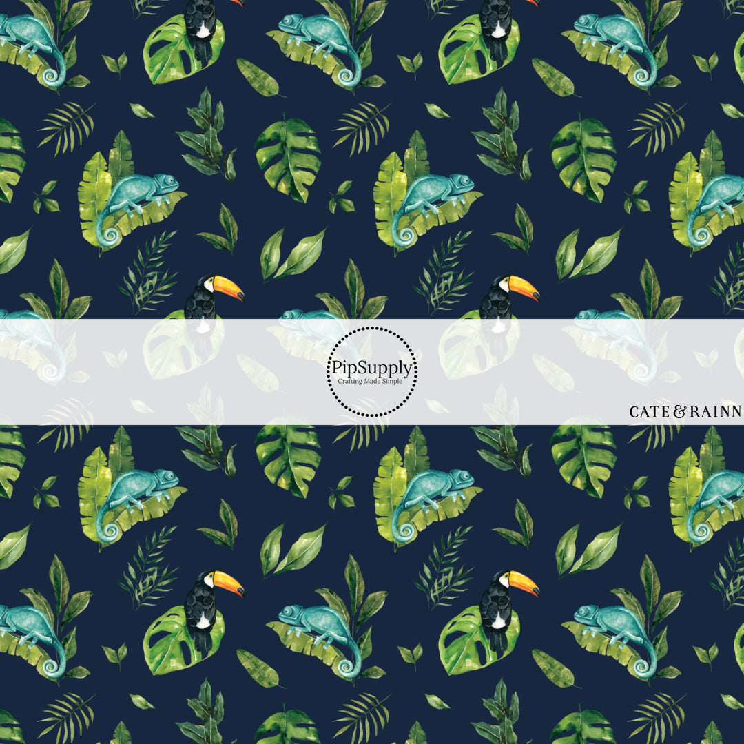 These jungle pattern fabric by the yard features tropical jungle chameleon foliage. This fun fabric can be used for all your sewing and crafting needs!