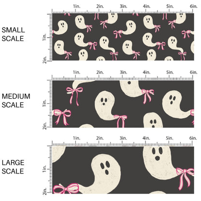 This scale chart of small scale, medium scale, and large scale of these Halloween themed pattern fabric by the yard features the following design elements: ghost with pink bows on black. This fun spooky themed fabric can be used for all your sewing and crafting needs!