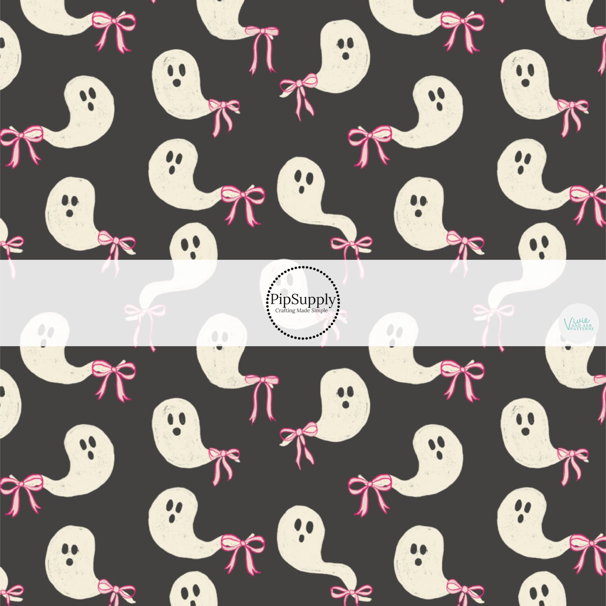 These Halloween themed pattern fabric by the yard features the following design elements: ghost with pink bows on black. This fun spooky themed fabric can be used for all your sewing and crafting needs!