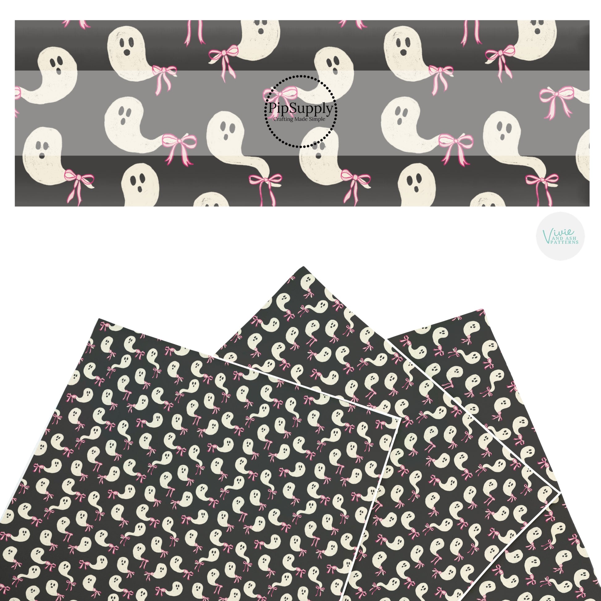 These Halloween themed pattern faux leather sheets contain the following design elements: ghost with pink bows on black. Our CPSIA compliant faux leather sheets or rolls can be used for all types of crafting projects.