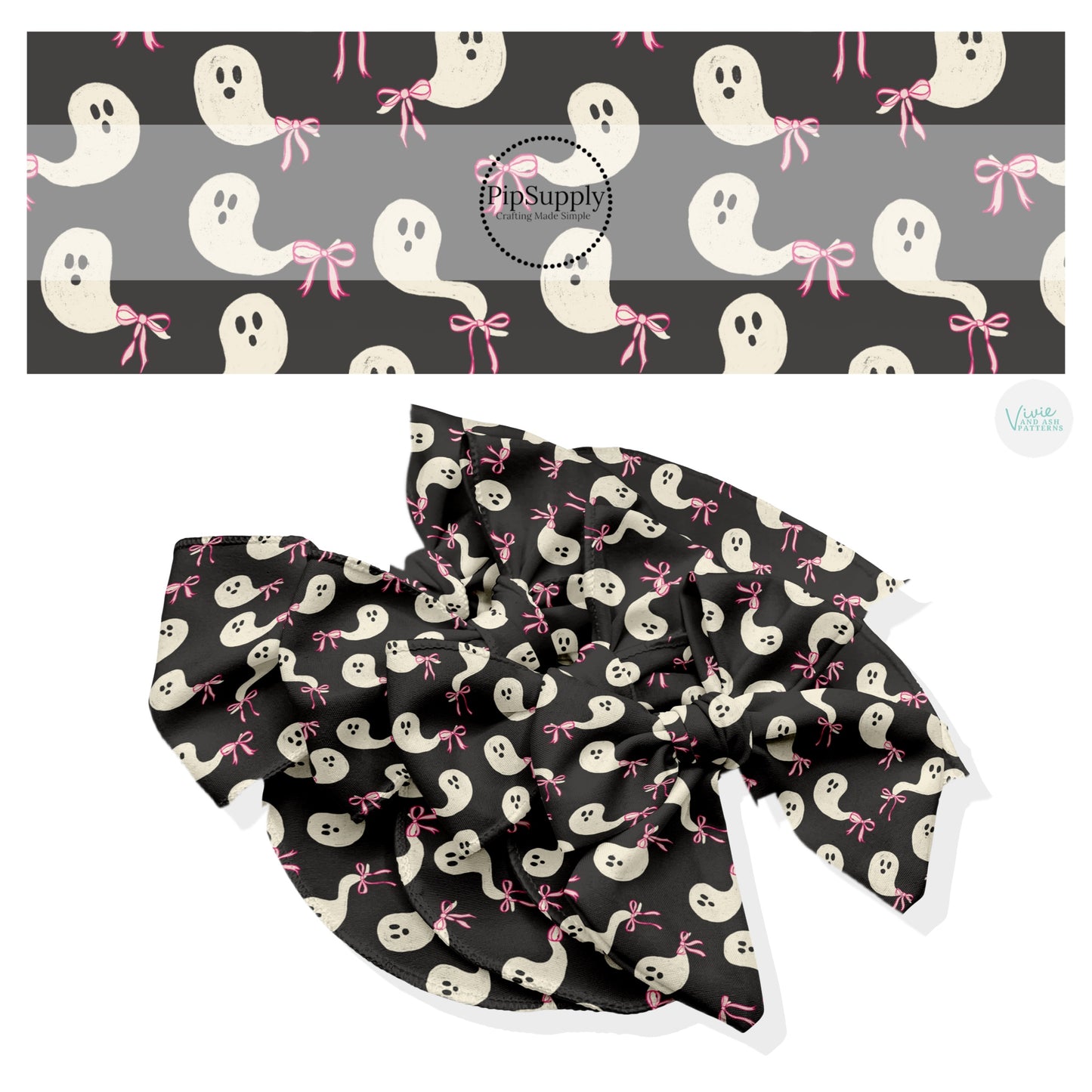 These Halloween themed no sew bow strips can be easily tied and attached to a clip for a finished hair bow. These fun spooky patterned bow strips are great for personal use or to sell. These bow strips feature the following design elements: ghost with pink bows on black.