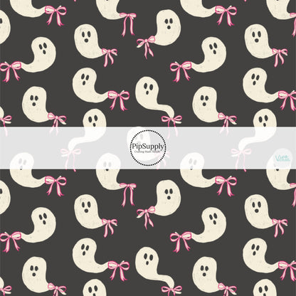 These Halloween themed no sew bow strips can be easily tied and attached to a clip for a finished hair bow. These fun spooky patterned bow strips are great for personal use or to sell. These bow strips feature the following design elements: ghost with pink bows on black.