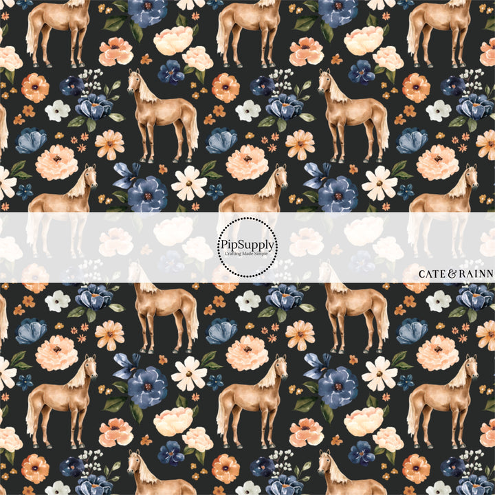 These spring and summer pattern fabric by the yard features farm and meadow horses. This fun fabric can be used for all your sewing and crafting needs!