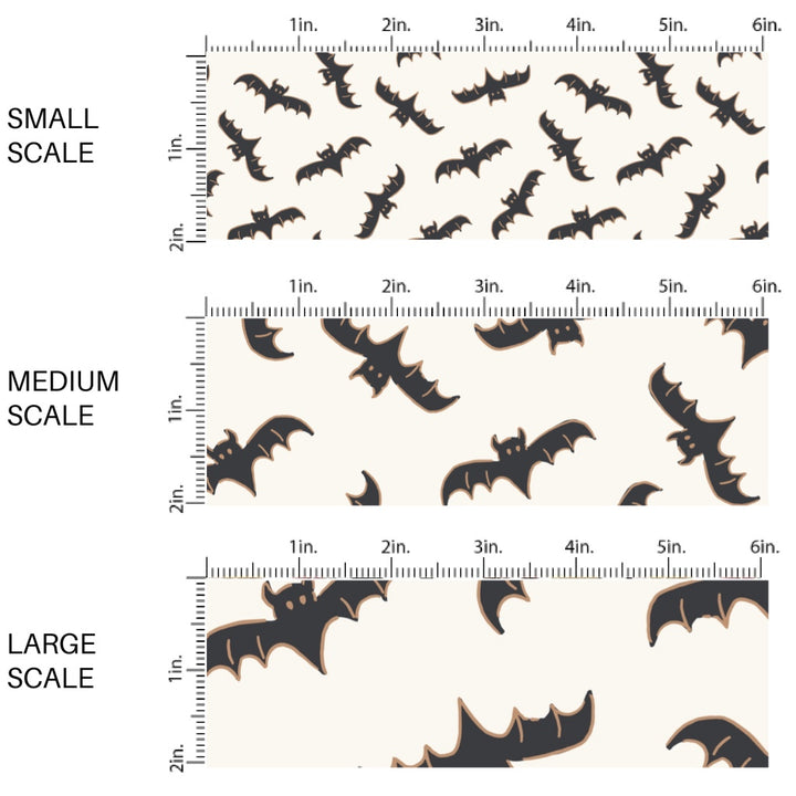 This scale chart of small scale, medium scale, and large scale of these Halloween themed pattern fabric by the yard features the following design elements: bats on cream. This fun spooky themed fabric can be used for all your sewing and crafting needs!