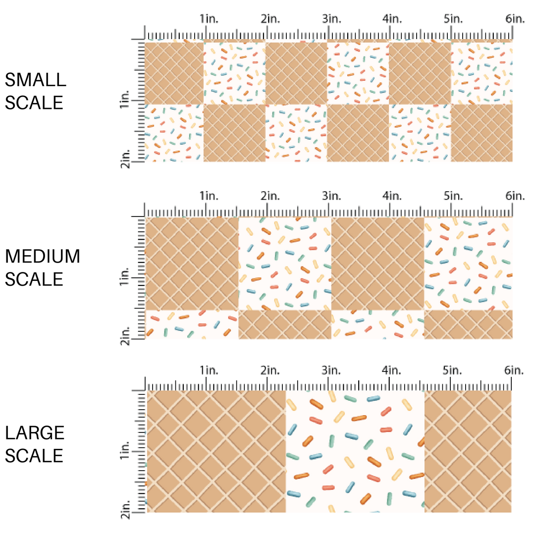 This scale chart of small scale, medium scale, and large scale of these dessert checkered themed fabric by the yard features cream with colorful sprinkles and light brown ice cream cone pattern. This fun party themed fabric can be used for all your sewing and crafting needs! 