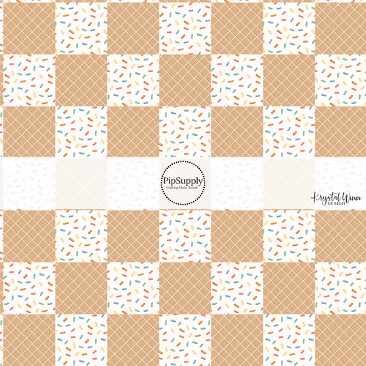 These dessert checkered themed fabric by the yard features cream with colorful sprinkles and light brown ice cream cone pattern. This fun party themed fabric can be used for all your sewing and crafting needs! 