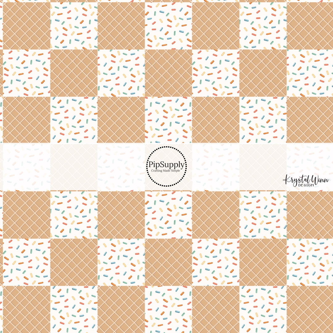 These dessert checkered themed fabric by the yard features cream with colorful sprinkles and light brown ice cream cone pattern. This fun party themed fabric can be used for all your sewing and crafting needs! 