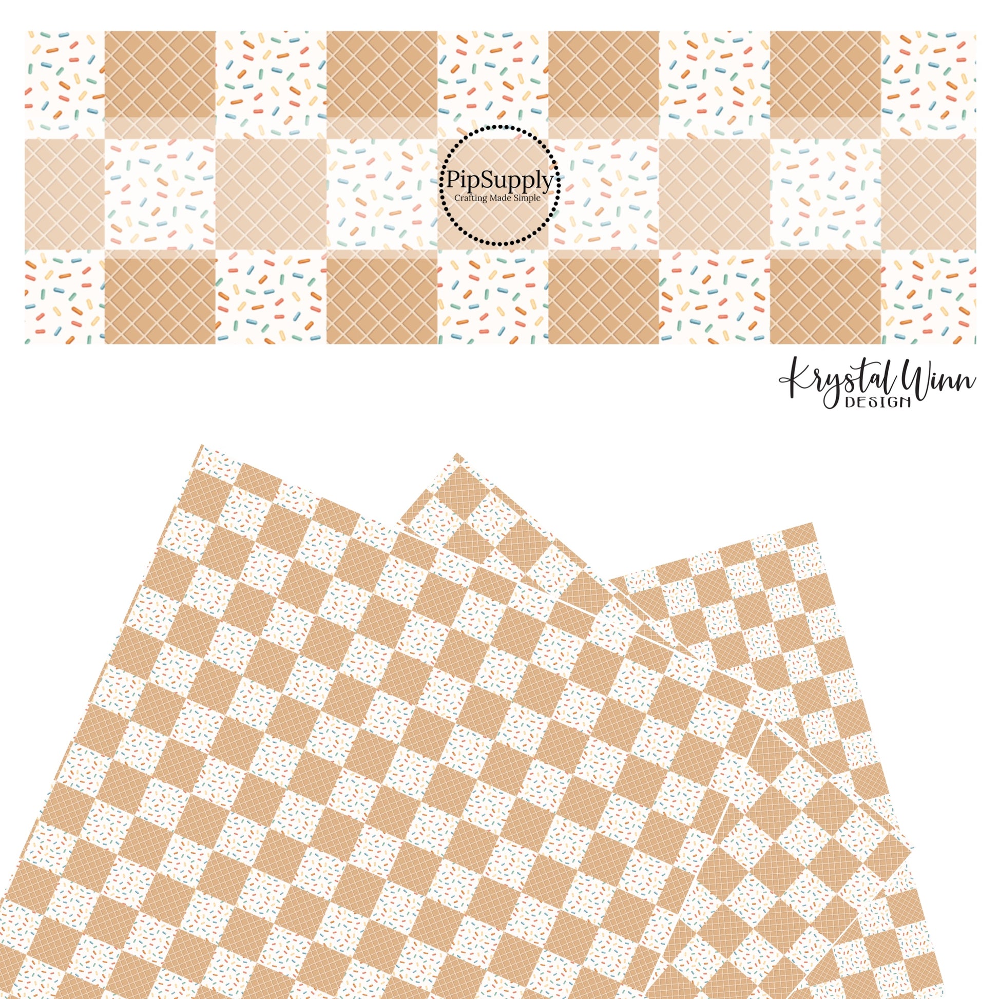 These dessert checkered themed faux leather sheets contain the following design elements: checkered pattern that features cream with colorful sprinkles and light brown ice cream cone pattern. Our CPSIA compliant faux leather sheets or rolls can be used for all types of crafting projects.