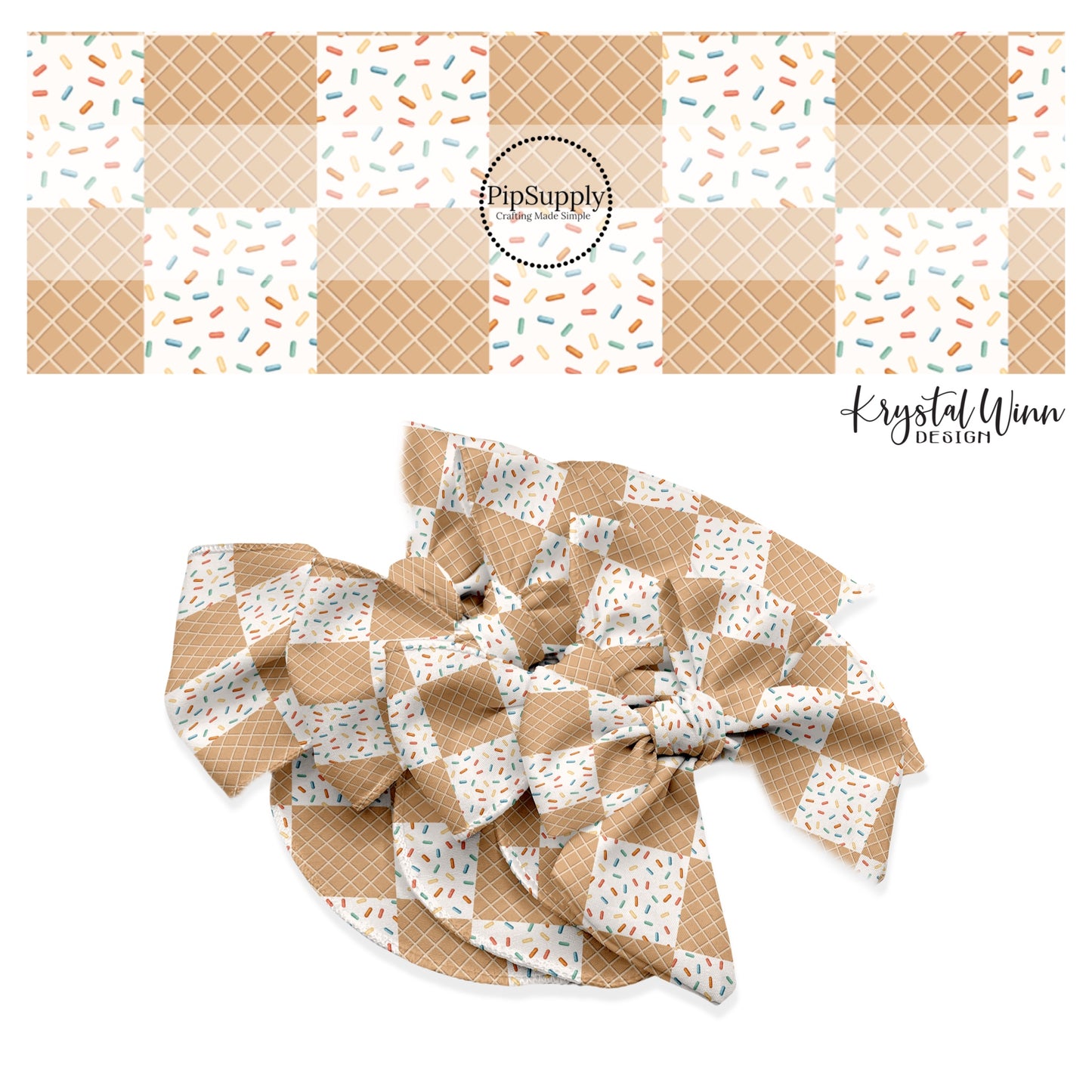 These dessert checkered themed no sew bow strips can be easily tied and attached to a clip for a finished hair bow. These fun party themed bow strips are great for personal use or to sell. The bow strips features cream with colorful sprinkles and light brown ice cream cone pattern.