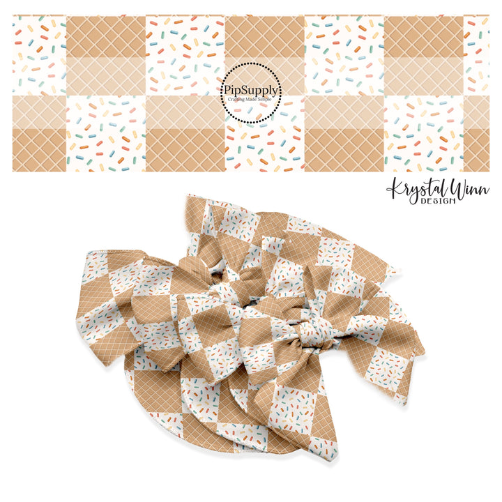 These dessert checkered themed no sew bow strips can be easily tied and attached to a clip for a finished hair bow. These fun party themed bow strips are great for personal use or to sell. The bow strips features cream with colorful sprinkles and light brown ice cream cone pattern.