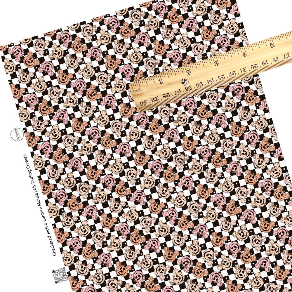 Mouse ear pumpkins on black and white checker with stars faux leather sheets