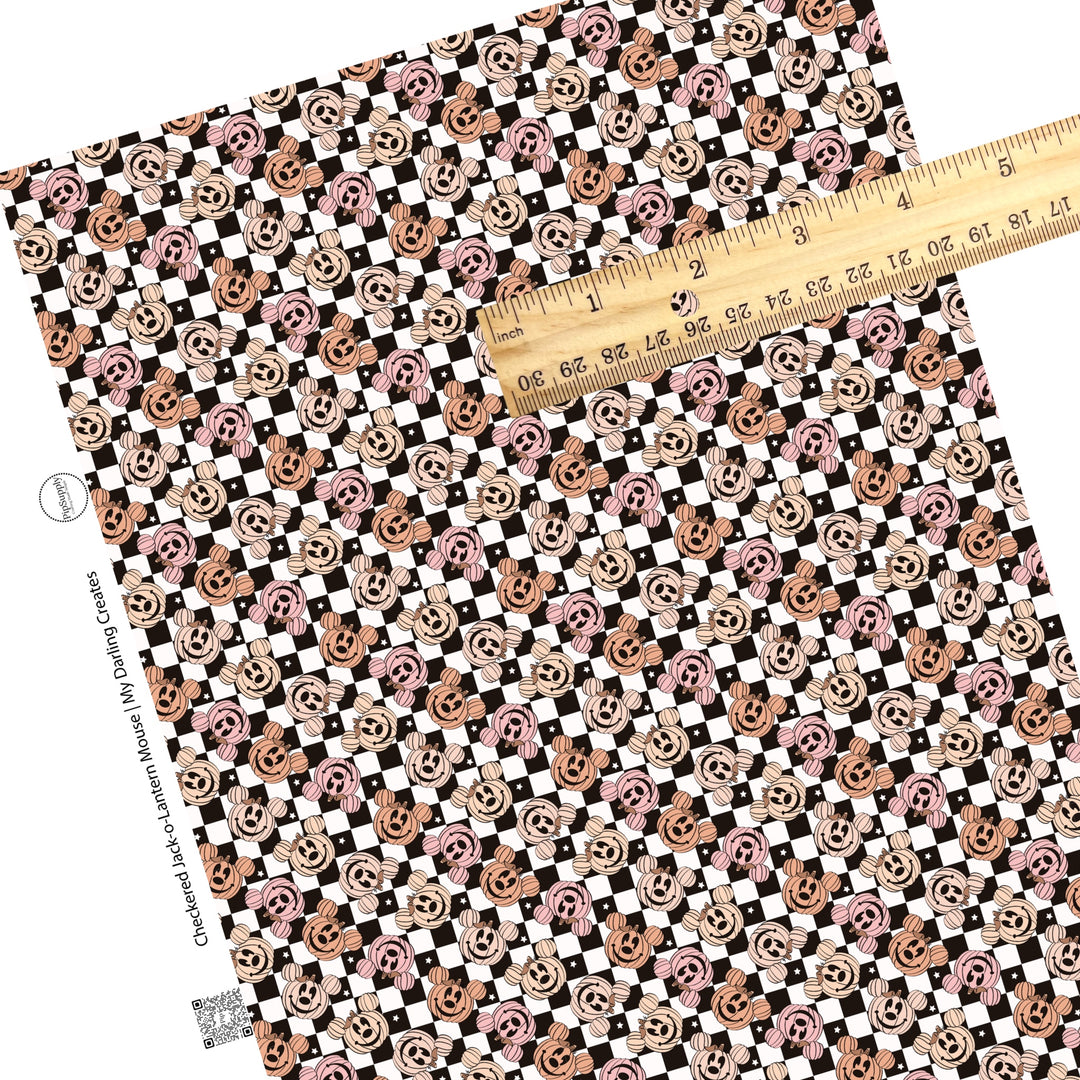 Mouse ear pumpkins on black and white checker with stars faux leather sheets