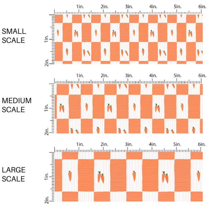 This spring themed fabric by the yard features carrots on orange and white checkered pattern. This fun pattern fabric can be used for all your sewing and crafting needs!