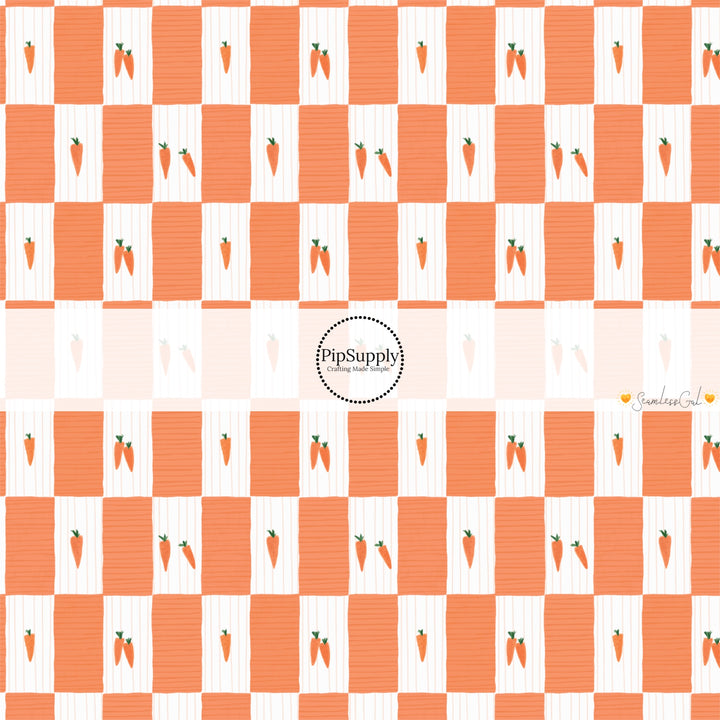 This spring themed fabric by the yard features carrots on orange and white checkered pattern. This fun pattern fabric can be used for all your sewing and crafting needs!