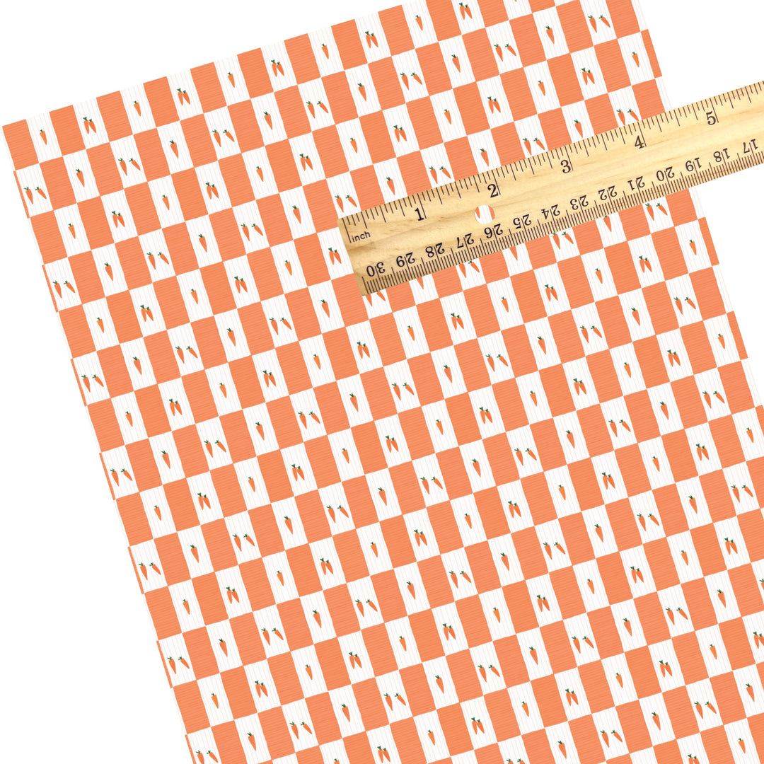 These spring themed faux leather sheets contain the following design elements: carrots on orange and white checkered pattern. Our CPSIA compliant faux leather sheets or rolls can be used for all types of crafting projects.