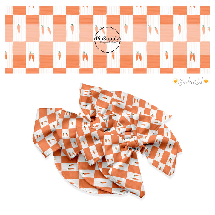 These spring no sew bow strips can be easily tied and attached to a clip for a finished hair bow. These fun bow strips are great for personal use or to sell. These bow strips feature the following design elements: carrots on orange and white checkered pattern.