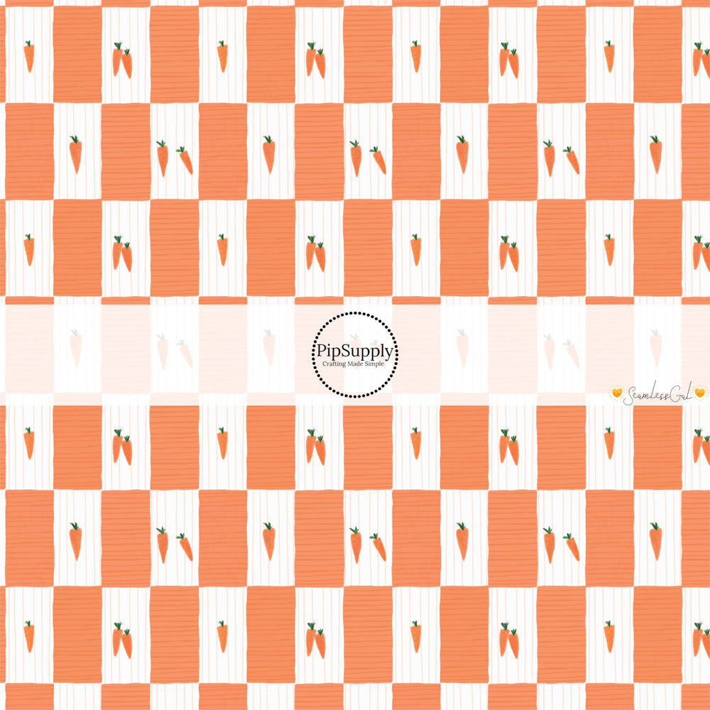 These spring no sew bow strips can be easily tied and attached to a clip for a finished hair bow. These fun bow strips are great for personal use or to sell. These bow strips feature the following design elements: carrots on orange and white checkered pattern.