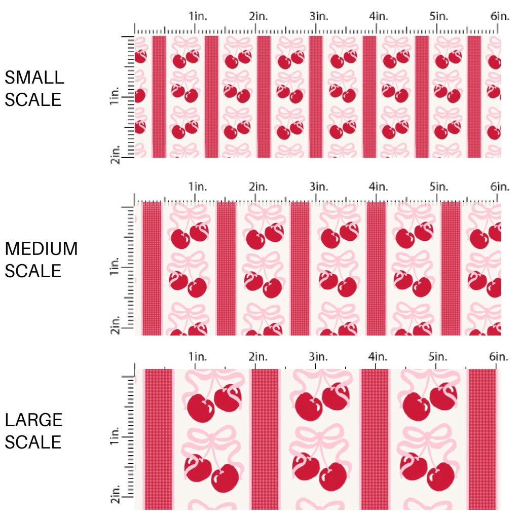 This holiday fabric by the yard features Valentine cherries, bows, and stripes. This festive pattern fabric can be used for all your sewing and crafting needs!